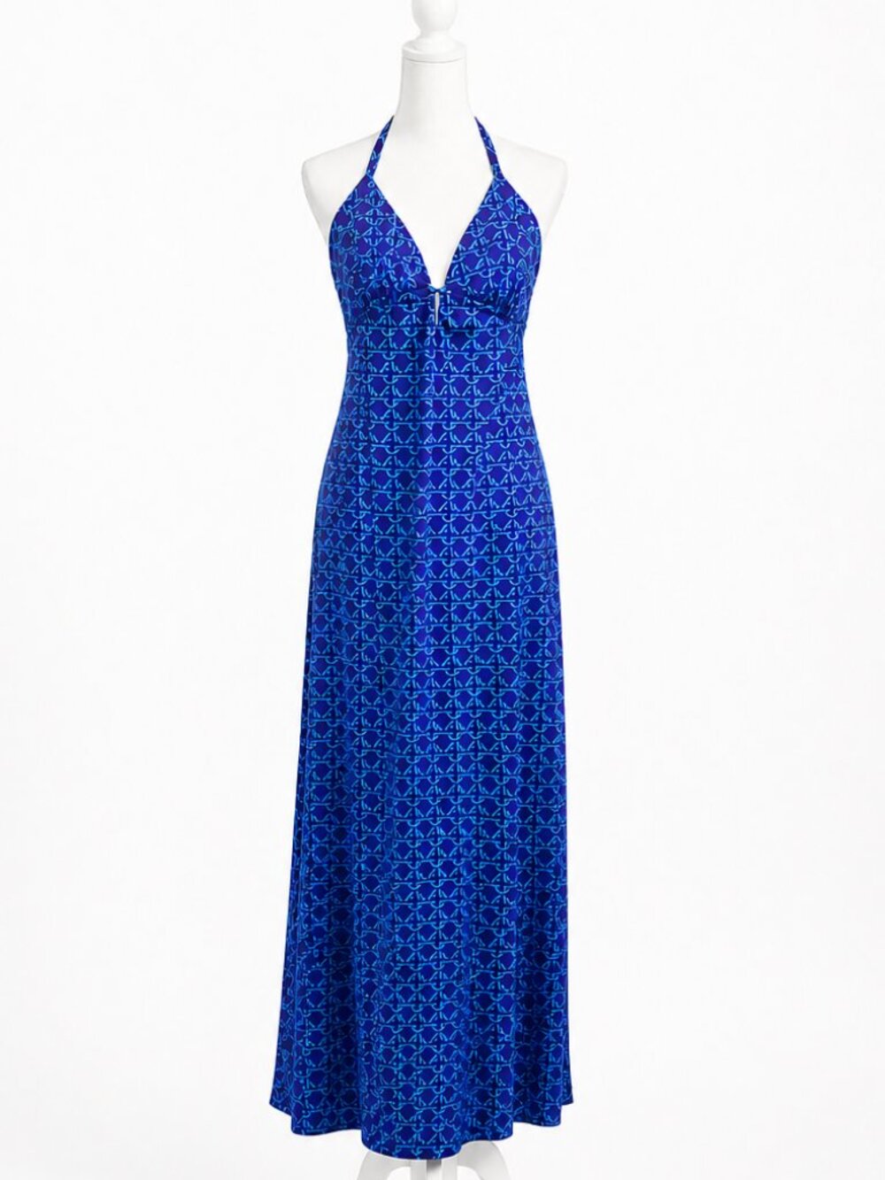 Elizabeth Stewart Purple Blue Geometric Halter Maxi Dress Slit Vintage XS S